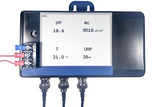 Water Monitor showing pH, ORP, conductivity, and temperature